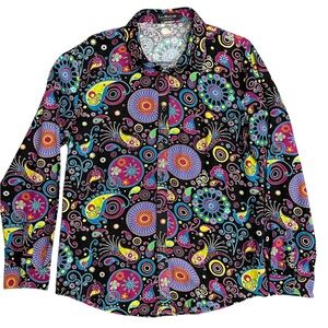 Luc Matton Psychedelic Printed Cotton Linen Blend Colorful Button Up Shirt